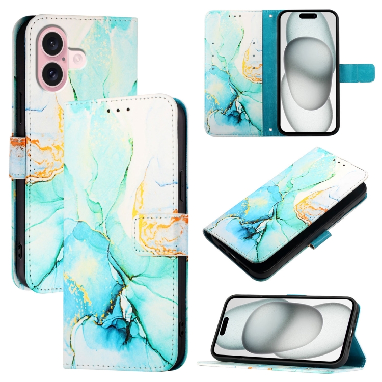 For iPhone 16 PT003 Marble Pattern Flip Leather Phone Case(Green)