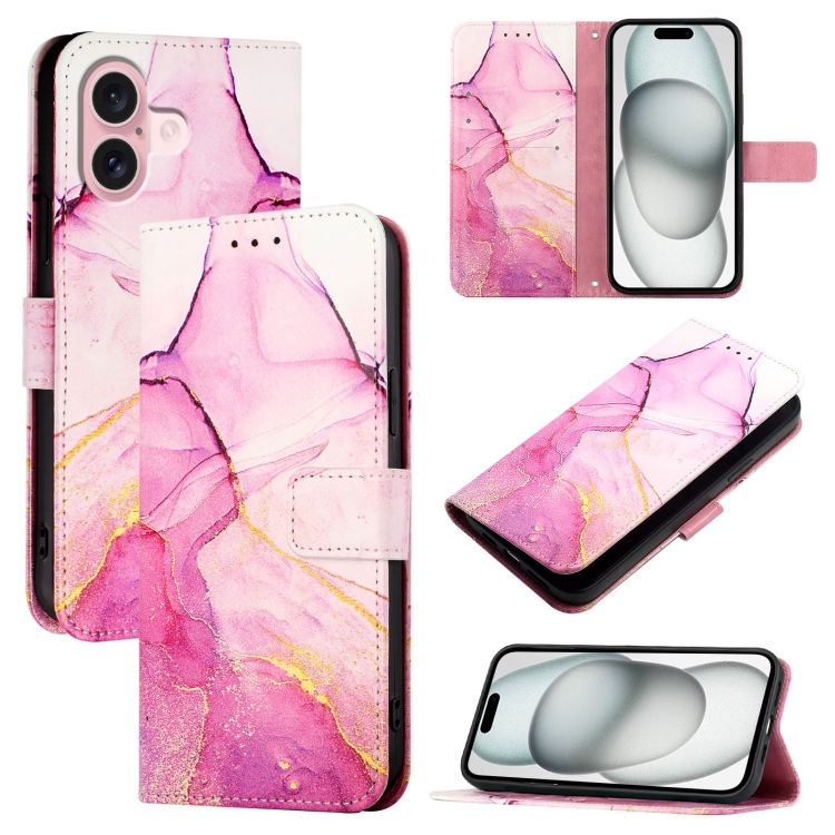 For iPhone 16 PT003 Marble Pattern Flip Leather Phone Case(Pink Purple Gold)