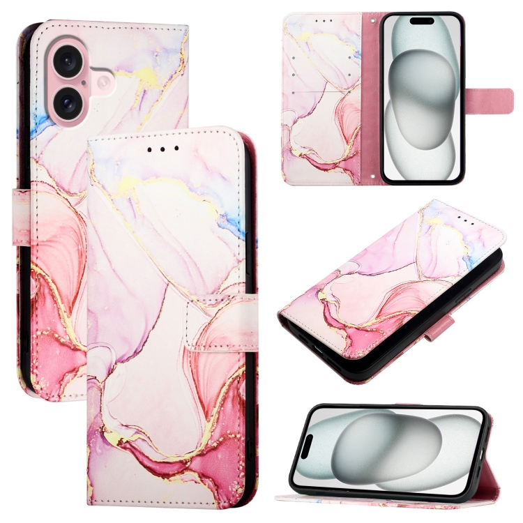 For iPhone 16 PT003 Marble Pattern Flip Leather Phone Case(Rose Gold)