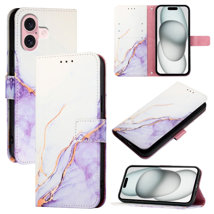 For iPhone 16 PT003 Marble Pattern Flip Leather Phone Case(White Purple)