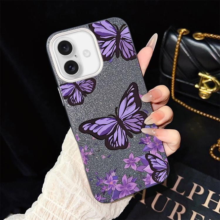 For iPhone 16 Purple Butterflies Pattern IMD Glitter PC Hybrid TPU Phone Case(Black)