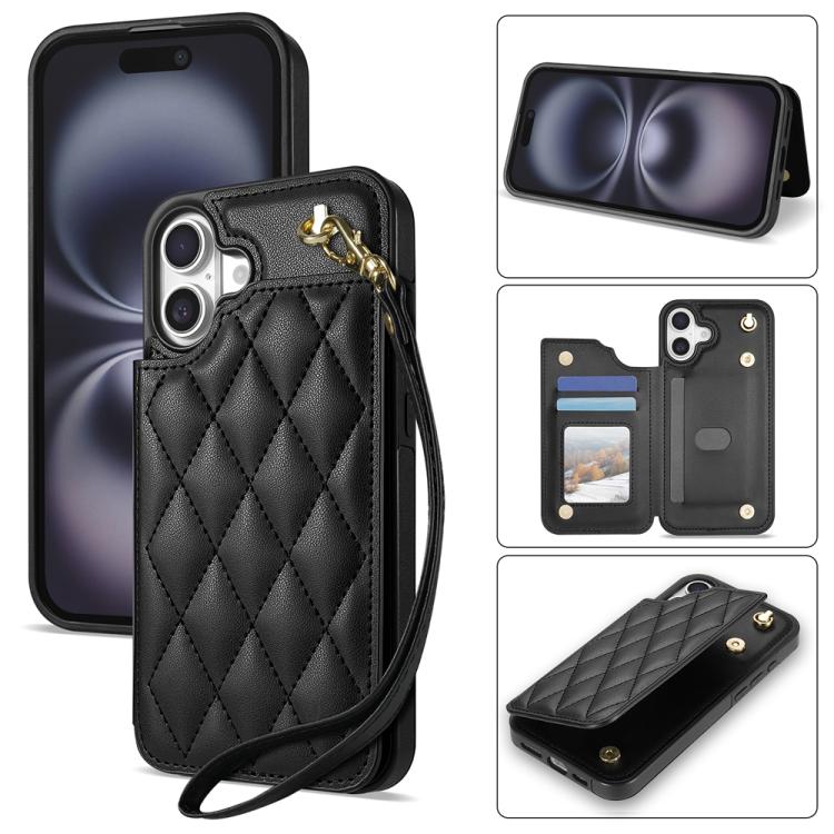 For iPhone 16 Rhombic Dual Buckle Card Slots Phone Case with Lanyard(Black)