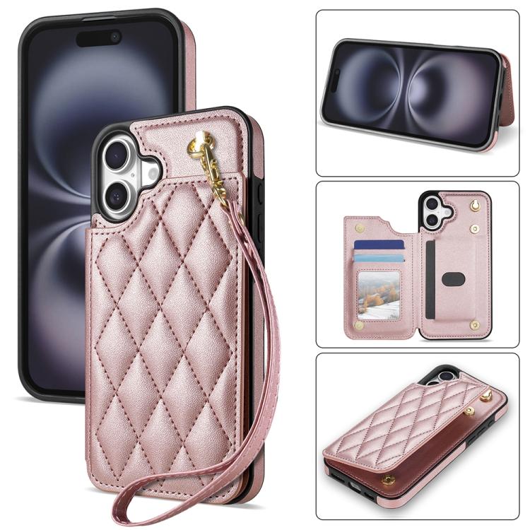 For iPhone 16 Rhombic Dual Buckle Card Slots Phone Case with Lanyard(Rose Gold)