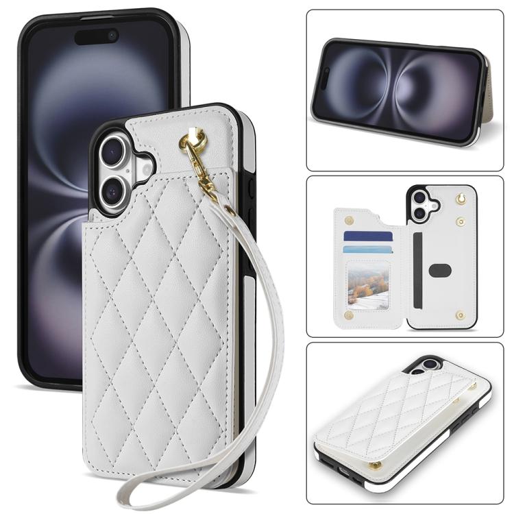 For iPhone 16 Rhombic Dual Buckle Card Slots Phone Case with Lanyard(White)