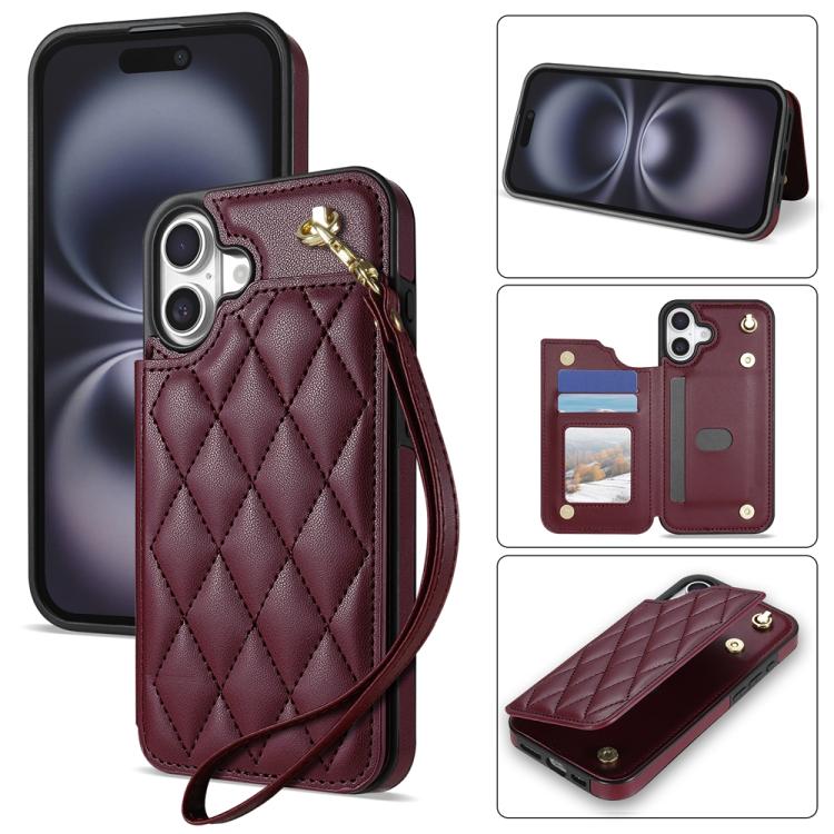 For iPhone 16 Rhombic Dual Buckle Card Slots Phone Case with Lanyard(Wine Red)