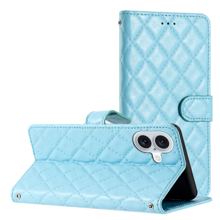 For iPhone 16 Rhombus Lattice Texture Leather Phone Case(Light Blue)