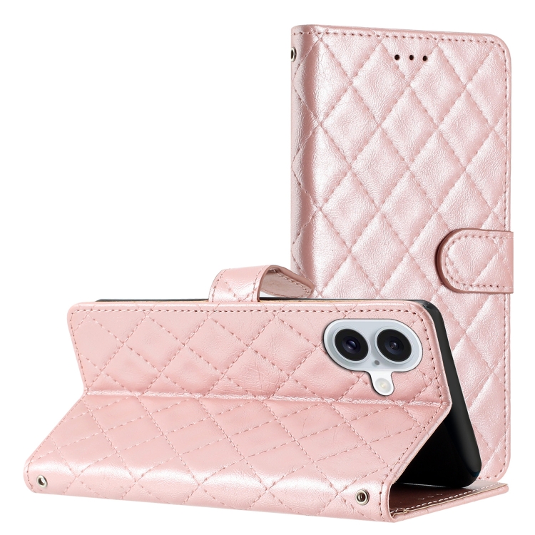 For iPhone 16 Rhombus Lattice Texture Leather Phone Case(Rose Gold)