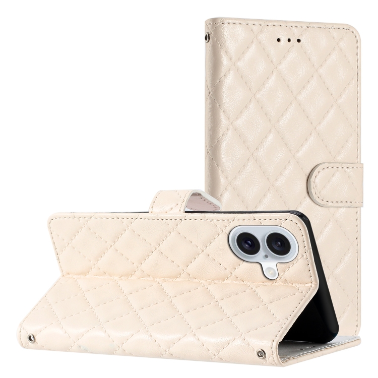 For iPhone 16 Rhombus Lattice Texture Leather Phone Case(White)
