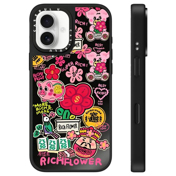 For iPhone 16 Rich Flower Series Pattern Mirror Phone Case(God of Wealth Black)