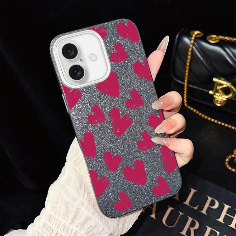 For iPhone 16 Rose Red Hearts Pattern IMD Glitter PC Hybrid TPU Phone Case(Black)