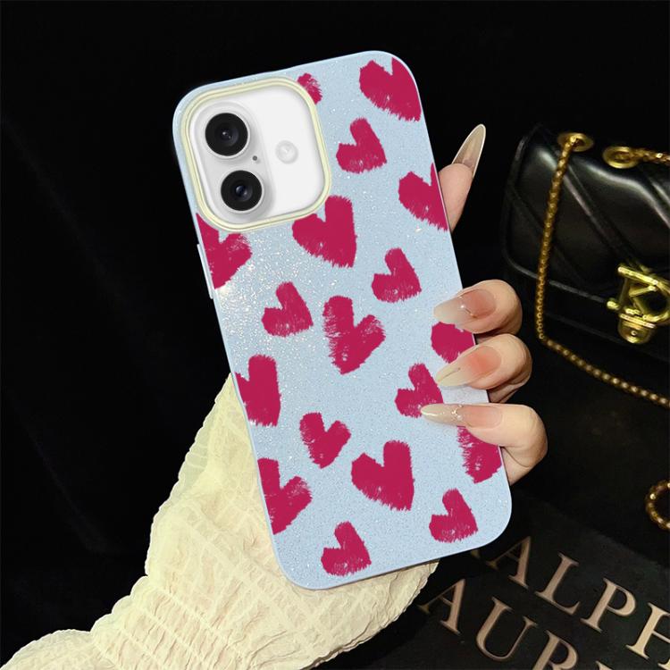 For iPhone 16 Rose Red Hearts Pattern IMD Glitter PC Hybrid TPU Phone Case(Blue)