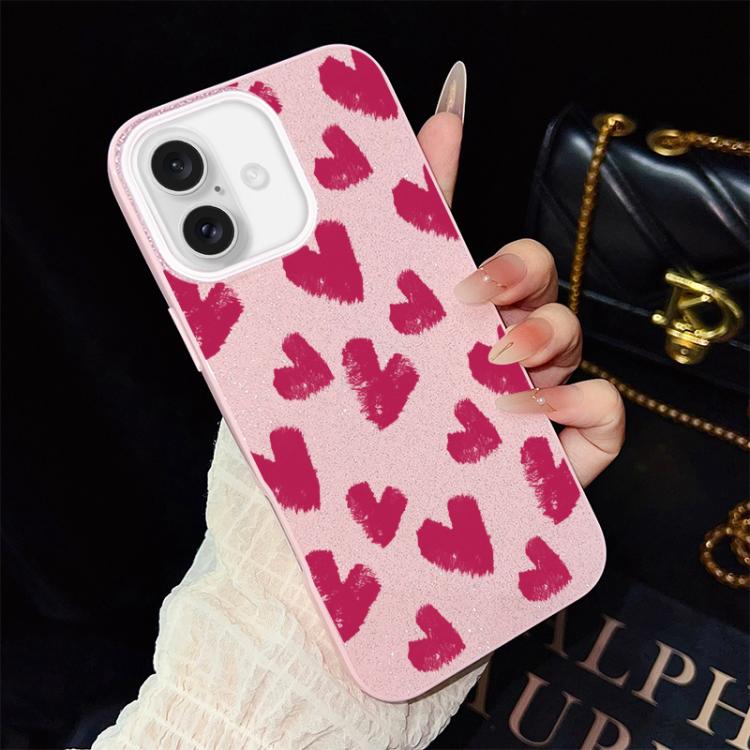 For iPhone 16 Rose Red Hearts Pattern IMD Glitter PC Hybrid TPU Phone Case(Pink)