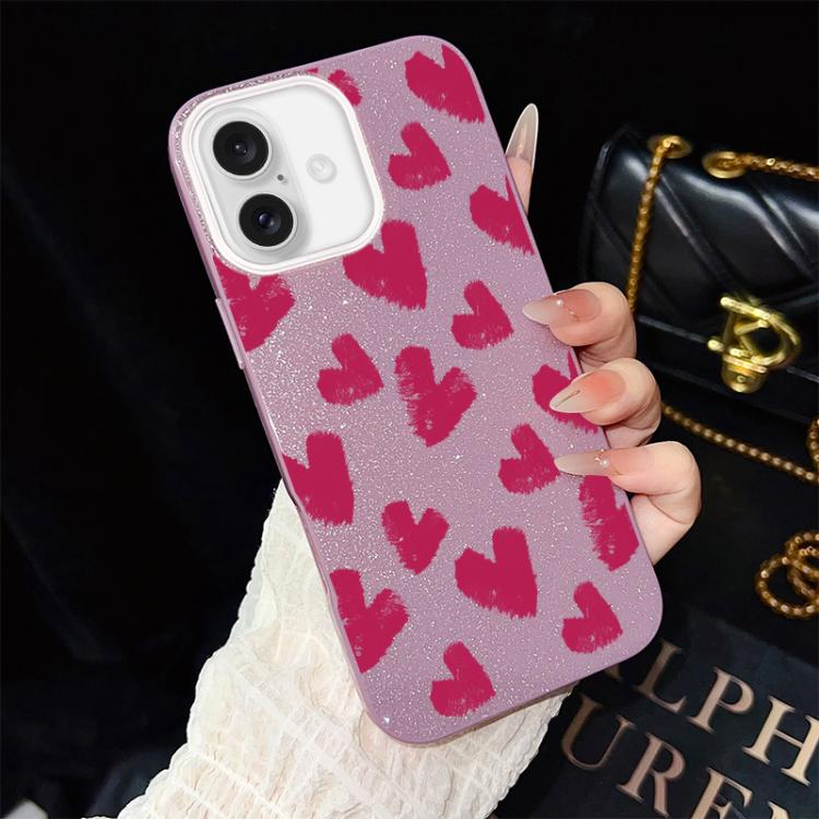For iPhone 16 Rose Red Hearts Pattern IMD Glitter PC Hybrid TPU Phone Case(Purple)