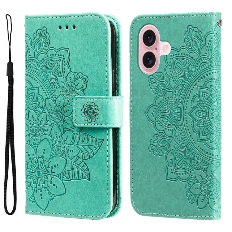 For iPhone 16 Seven-petal Flowers Embossing Leather Phone Case(Green)
