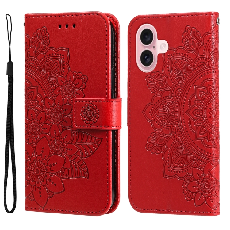 For iPhone 16 Seven-petal Flowers Embossing Leather Phone Case(Red)