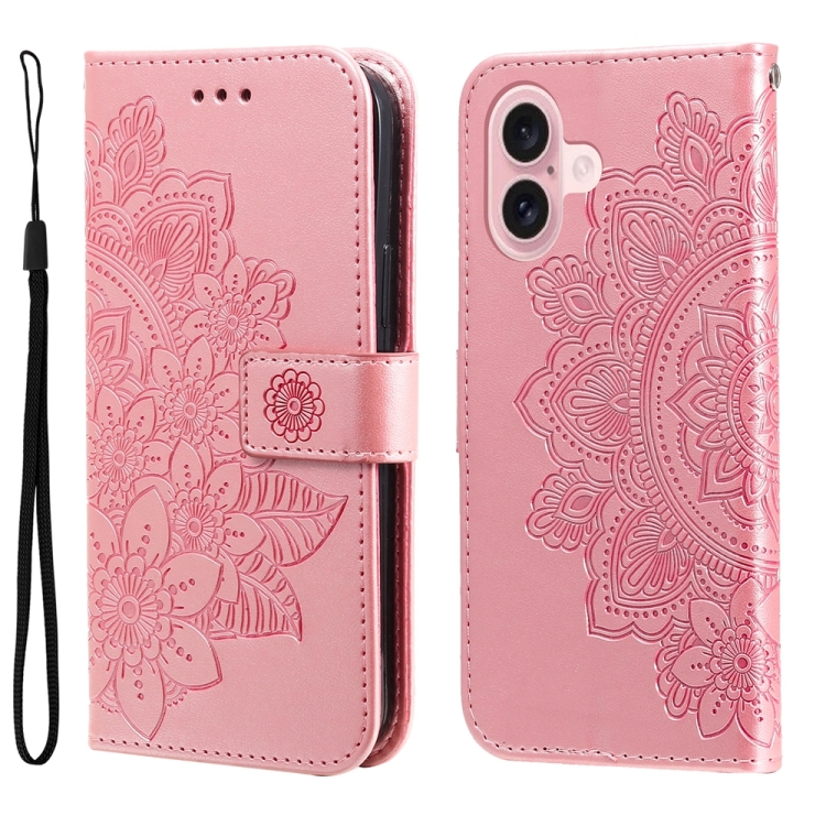 For iPhone 16 Seven-petal Flowers Embossing Leather Phone Case(Rose Gold)