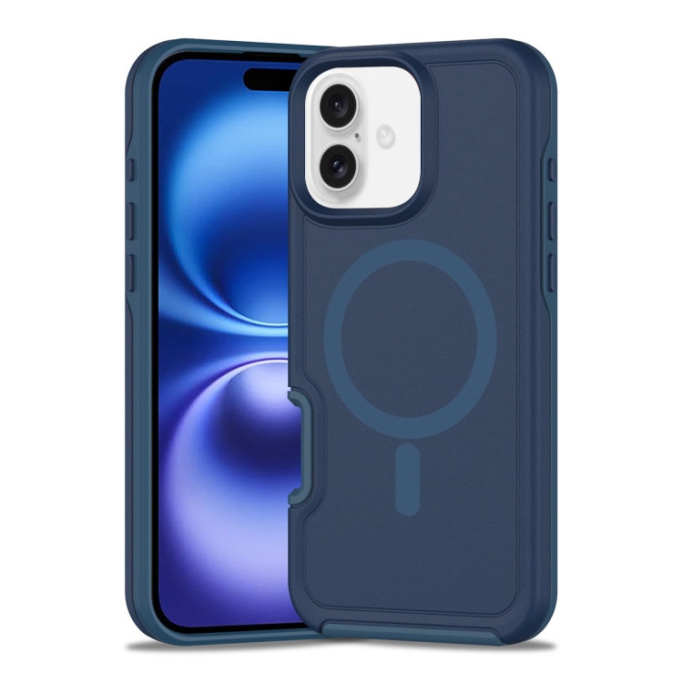 For iPhone 16 Shockproof MagSafe Armor PC Hybrid TPU Phone Case(Ink Blue)