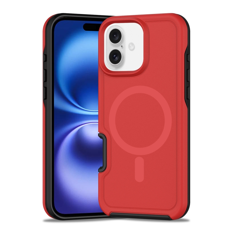 For iPhone 16 Shockproof MagSafe Armor PC Hybrid TPU Phone Case(Red+Black)