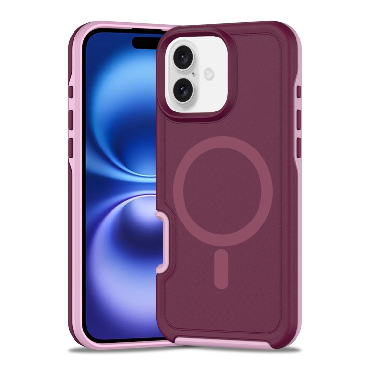 For iPhone 16 Shockproof MagSafe Armor PC Hybrid TPU Phone Case(Wine Red+Light Pink)
