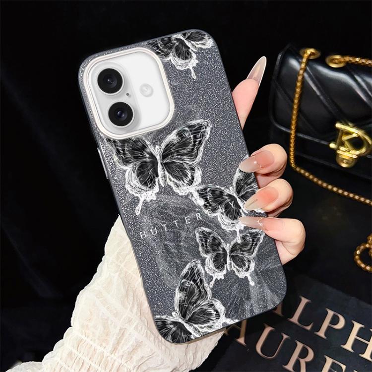 For iPhone 16 Sketch Butterflies Pattern IMD Glitter PC Hybrid TPU Phone Case(Black)