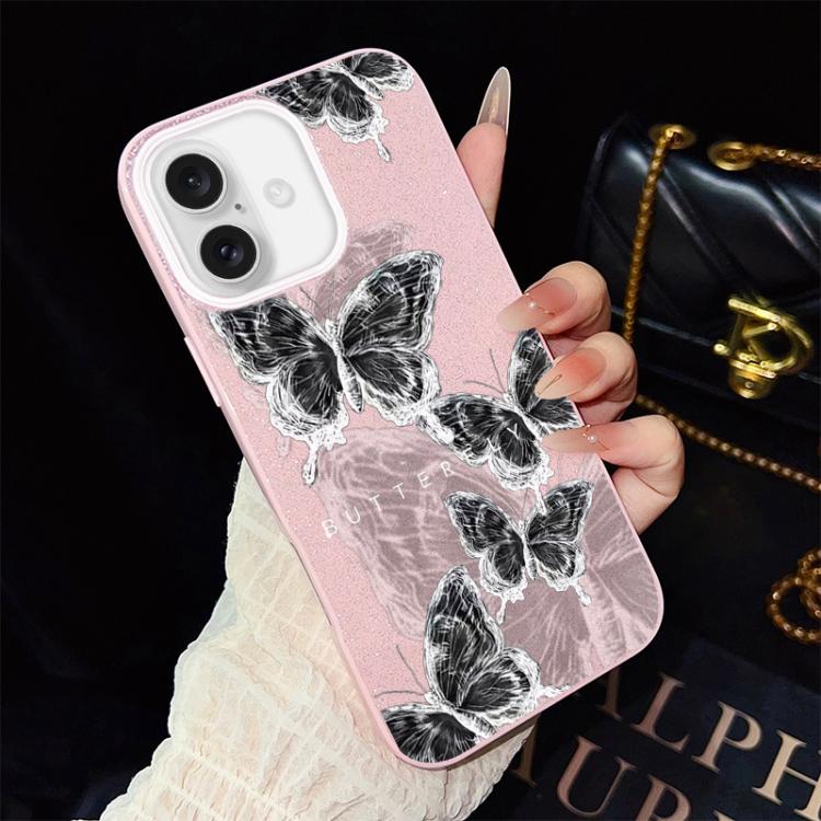 For iPhone 16 Sketch Butterflies Pattern IMD Glitter PC Hybrid TPU Phone Case(Pink)