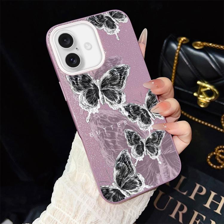For iPhone 16 Sketch Butterflies Pattern IMD Glitter PC Hybrid TPU Phone Case(Purple)