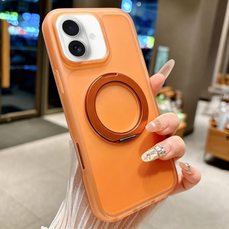 For iPhone 16 Skin Feel 360 Degrees Rotating Holder PC Hybrid TPU Magnetic Phone Case(Orange)