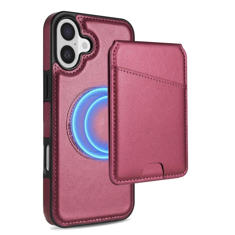 For iPhone 16 Skin Feel Detachable Card Bag Magsafe Phone Case(Wine Red)