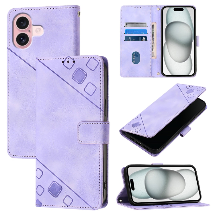 For iPhone 16 Skin-feel Embossed Leather Phone Case(Light Purple)