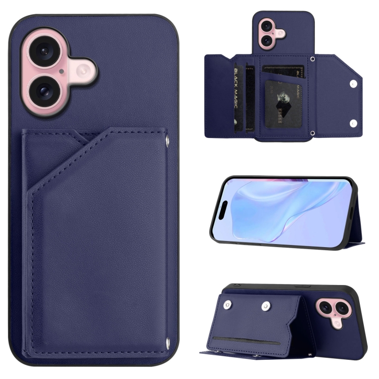 For iPhone 16 Skin Feel Four Card Slots Phone Case with Wrist Strap(Blue)