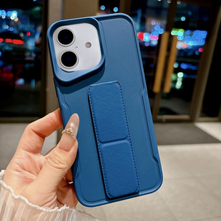 For iPhone 16 Slim Waist Design Soft TPU Shockproof Phone Case with Fold Holder(Dark Blue)