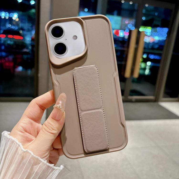 For iPhone 16 Slim Waist Design Soft TPU Shockproof Phone Case with Fold Holder(Khaki)