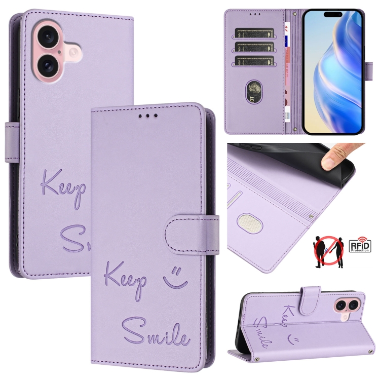 For iPhone 16 Smile Embossing RFID Leather Phone Case(Light Purple)