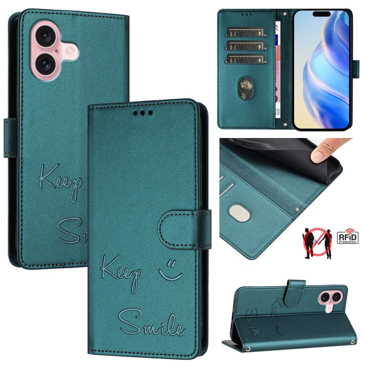 For iPhone 16 Smile Embossing RFID Leather Phone Case(Peacock Green)