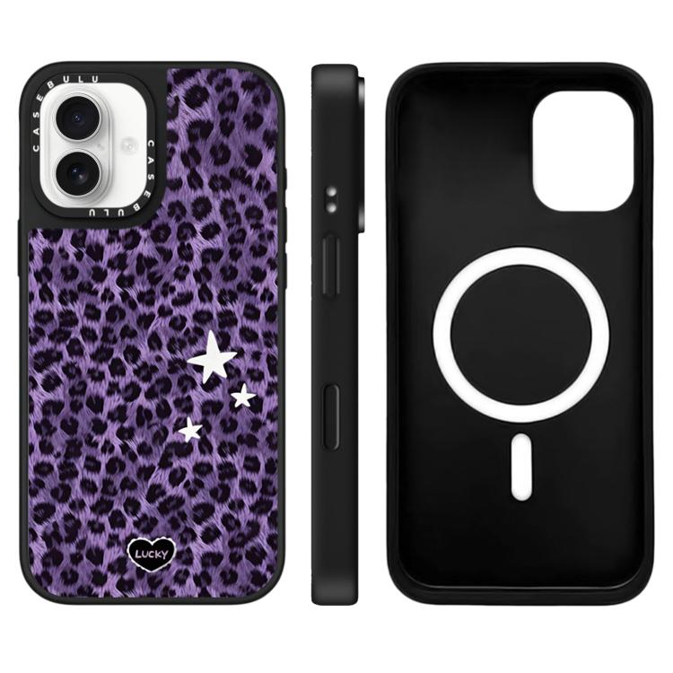 For iPhone 16 Stars Leopard Series Pattern Mirror Magnetic Phone Case(Purple Leopard)