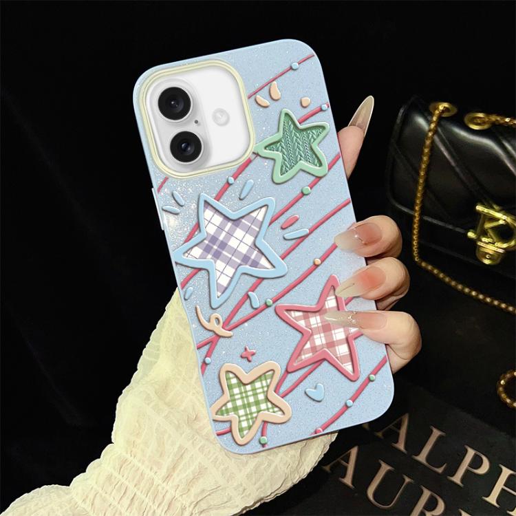 For iPhone 16 Stars Pattern IMD Glitter PC Hybrid TPU Phone Case(Blue)