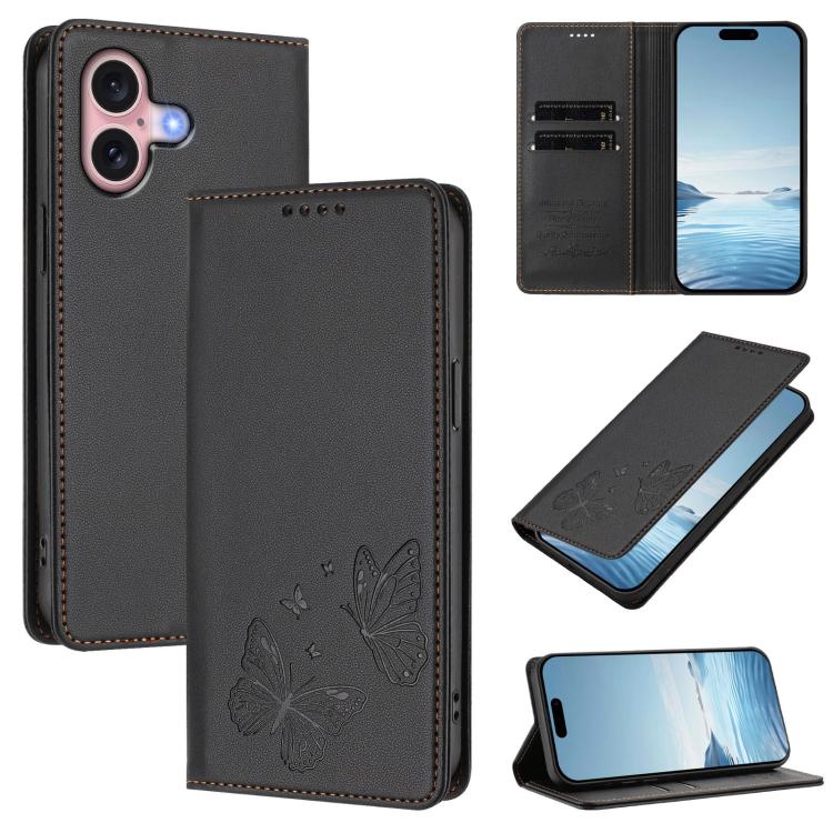 For iPhone 16 Strong Magnetic Dual Butterfly RFID Vegan Leather Phone Case(Black)