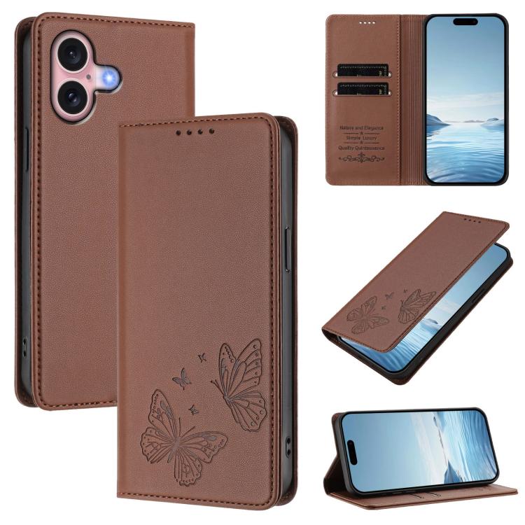 For iPhone 16 Strong Magnetic Dual Butterfly RFID Vegan Leather Phone Case(Brown)