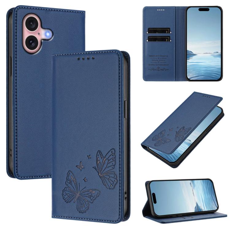 For iPhone 16 Strong Magnetic Dual Butterfly RFID Vegan Leather Phone Case(Dark Blue)