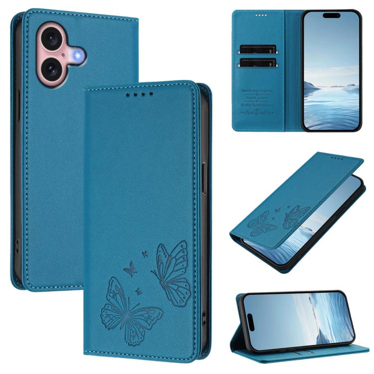 For iPhone 16 Strong Magnetic Dual Butterfly RFID Vegan Leather Phone Case(Lake Blue)