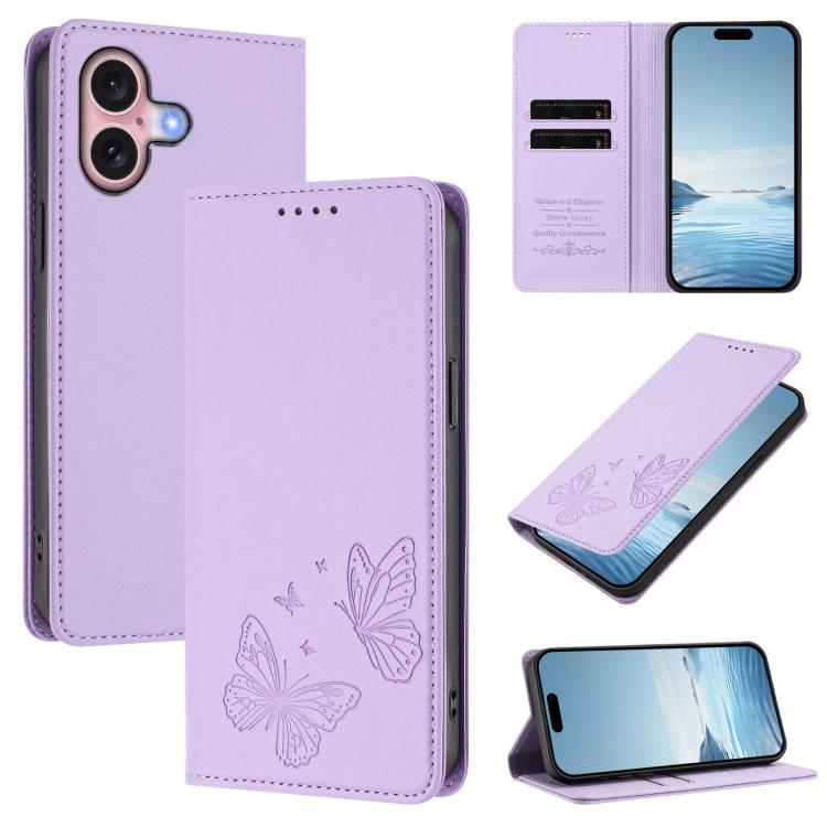 For iPhone 16 Strong Magnetic Dual Butterfly RFID Vegan Leather Phone Case(Light Purple)