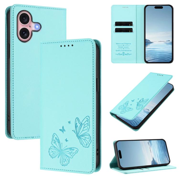 For iPhone 16 Strong Magnetic Dual Butterfly RFID Vegan Leather Phone Case(Mint Green)