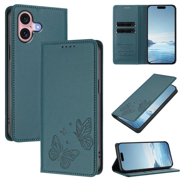 For iPhone 16 Strong Magnetic Dual Butterfly RFID Vegan Leather Phone Case(Peacock Green)