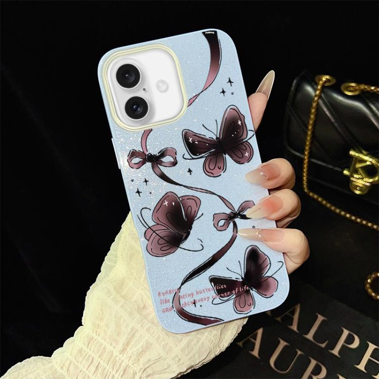 For iPhone 16 Swirling Butterflies Pattern IMD Glitter PC Hybrid TPU Phone Case(Blue)