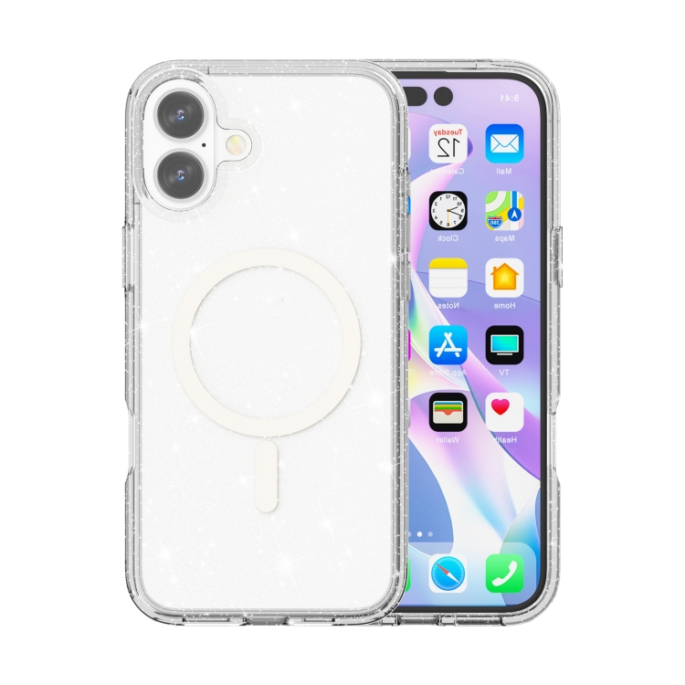For iPhone 16 Terminator Style Glitter Powder MagSafe Magnetic Phone Case(White)