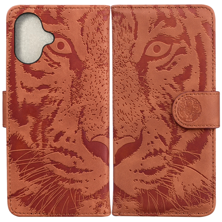 For iPhone 16 Tiger Embossing Pattern Leather Phone Case(Brown)