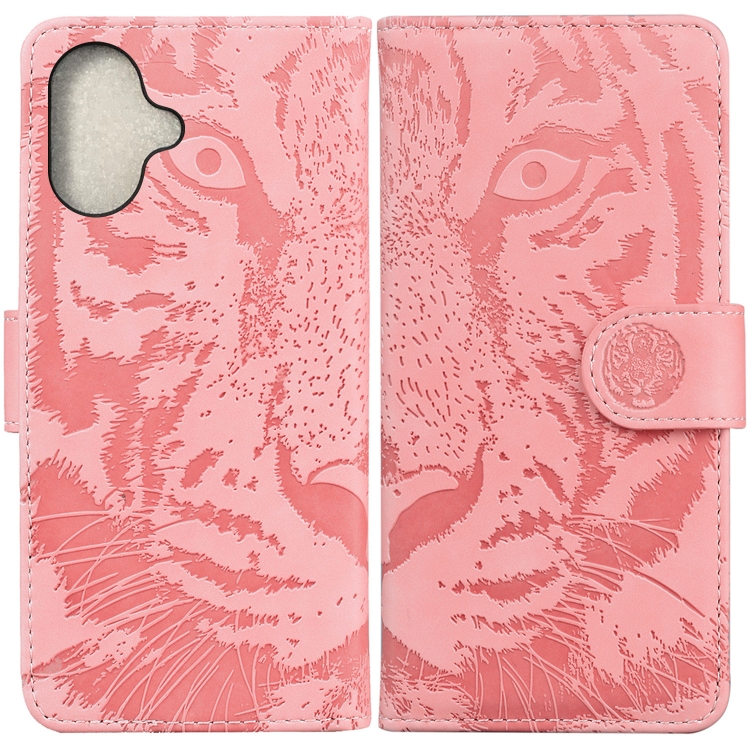 For iPhone 16 Tiger Embossing Pattern Leather Phone Case(Pink)