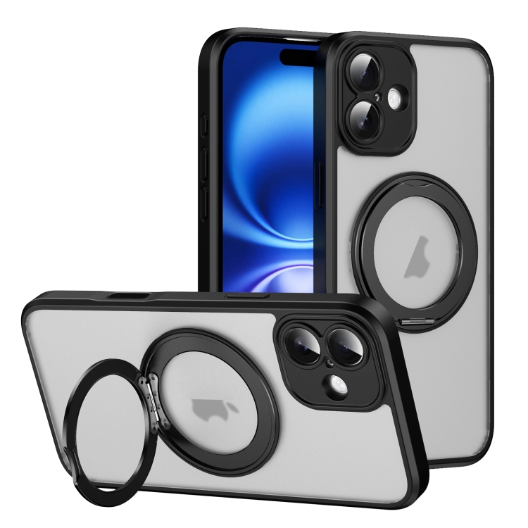 For iPhone 16 Translucent Frosted MagSafe Rotating Holder Phone Case with AI Button(Black)