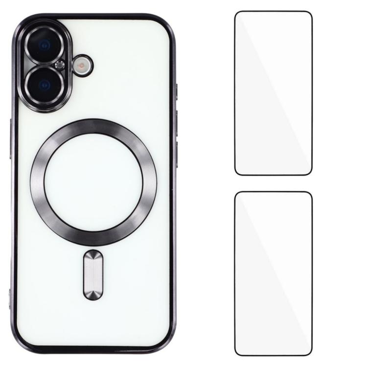 For iPhone 16 WANLONFENG CD Magnetic Electroplated TPU Phone Case with 2pcs Screen Films(Black)