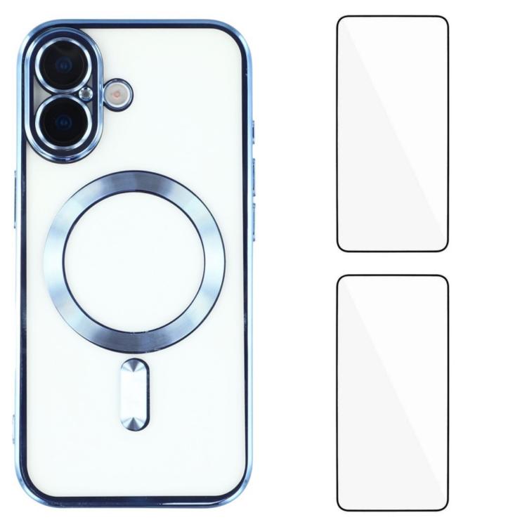 For iPhone 16 WANLONFENG CD Magnetic Electroplated TPU Phone Case with 2pcs Screen Films(Blue)
